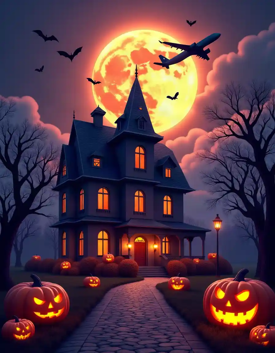 Ambiente de viaje de Halloween con calabazas y decoraciones espeluznantes